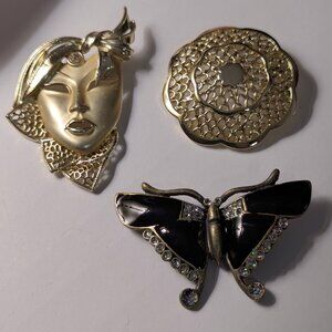 Vintage Modernist Brooches Lot Mask Brooch*Enamel Black Butterfly* Lace Filigree
